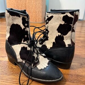Rare Larry Mahan Cow Print Lace-Up Ankle Boots Leather Calf Hair